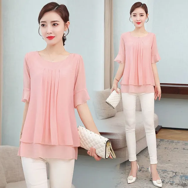 2021 Summer Mid-length Chiffon Blouse Women Short sleeve Sizes L - 5XL