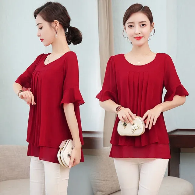 2021 Summer Mid-length Chiffon Blouse Women Short sleeve Sizes L - 5XL