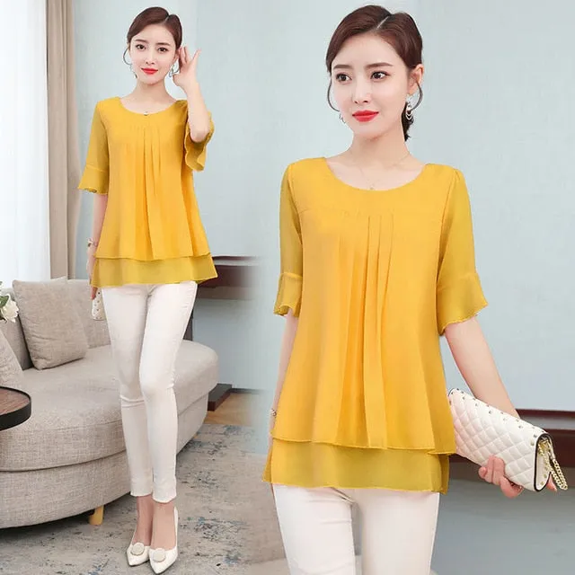 2021 Summer Mid-length Chiffon Blouse Women Short sleeve Sizes L - 5XL