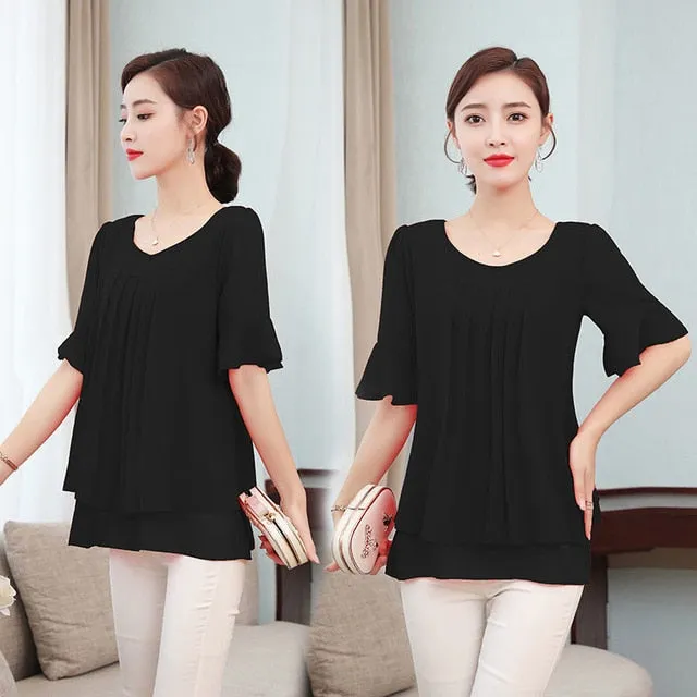 2021 Summer Mid-length Chiffon Blouse Women Short sleeve Sizes L - 5XL