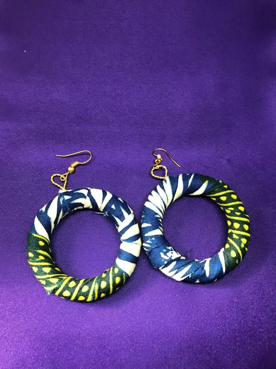 African Hoops in Green Ankara Print - Up cycled Zero Waste Earrings