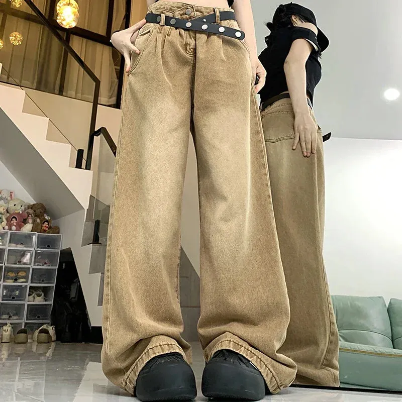 American High Waist 2000s Y2K Vintage Designer Baggy Girls Harajuku Brown Denim Jeans