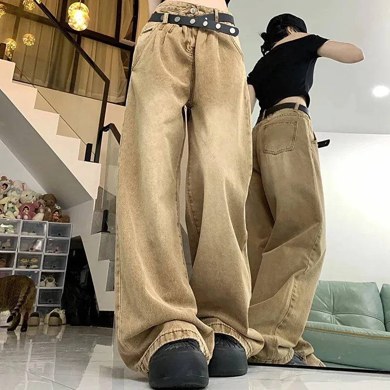 American High Waist 2000s Y2K Vintage Designer Baggy Girls Harajuku Brown Denim Jeans