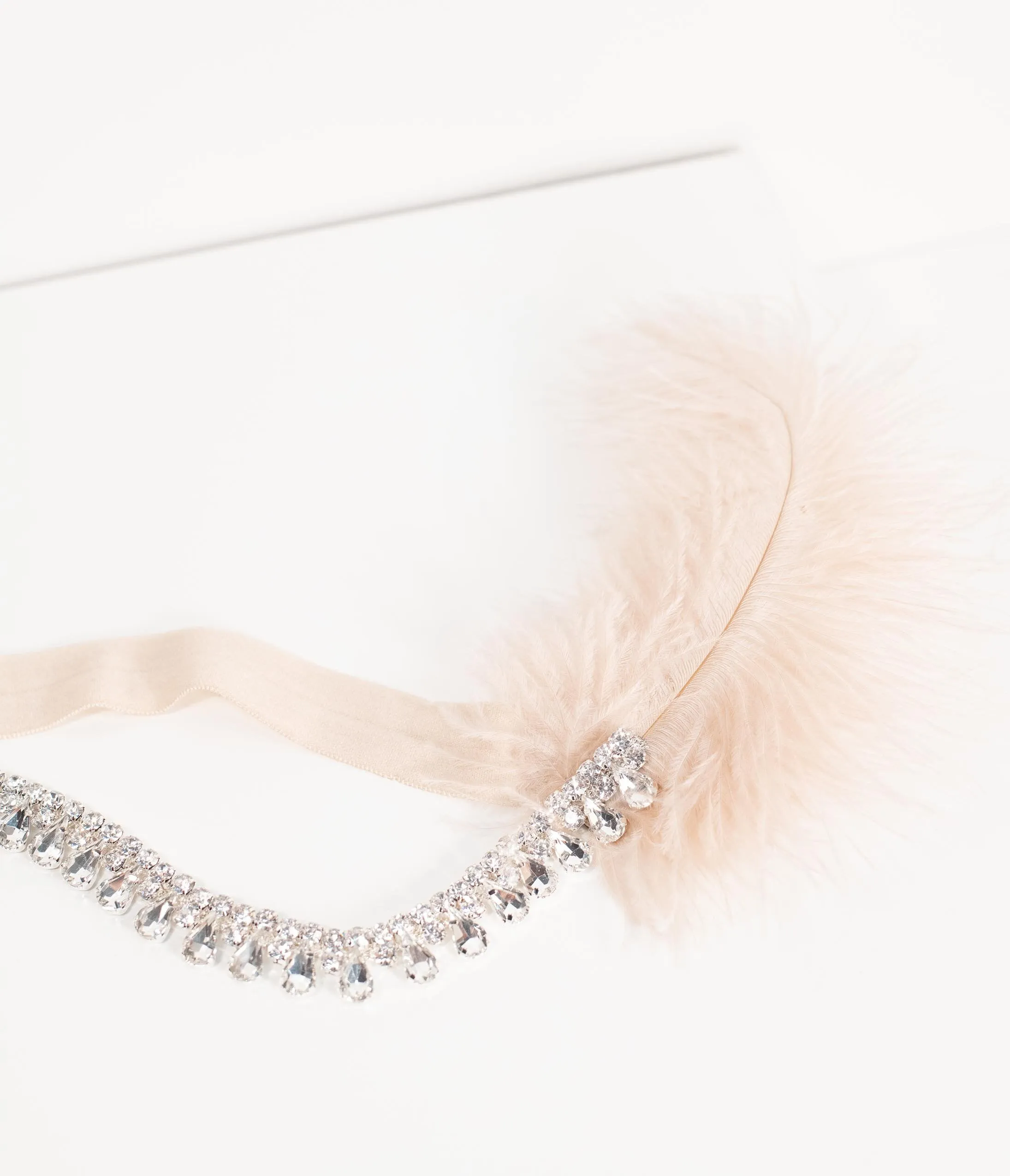 Beige Feather & Silver Teardrop Rhinestone Olivia Flapper Headband