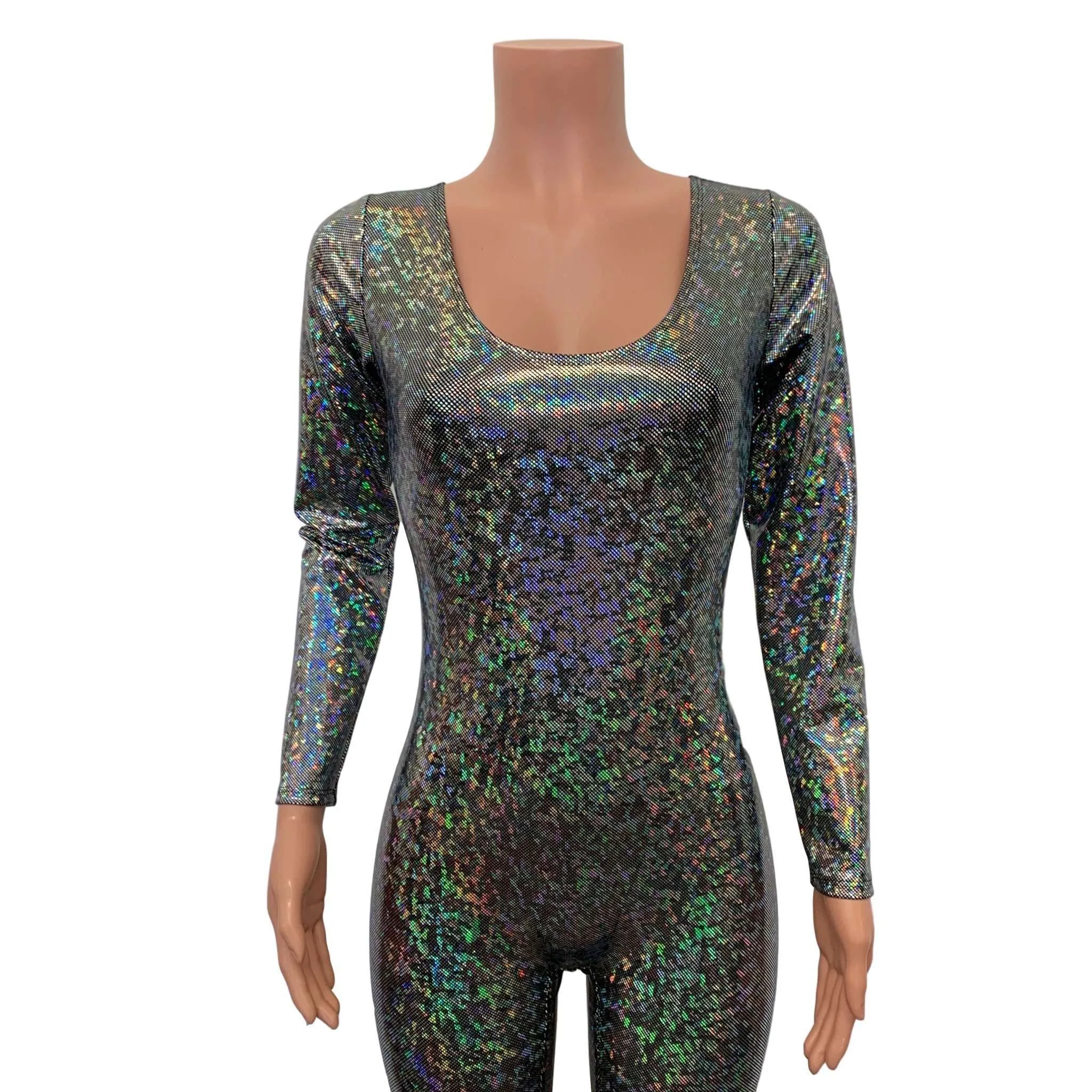 Bell Bottom Catsuit in Silver on Black Shattered Glass Holographic