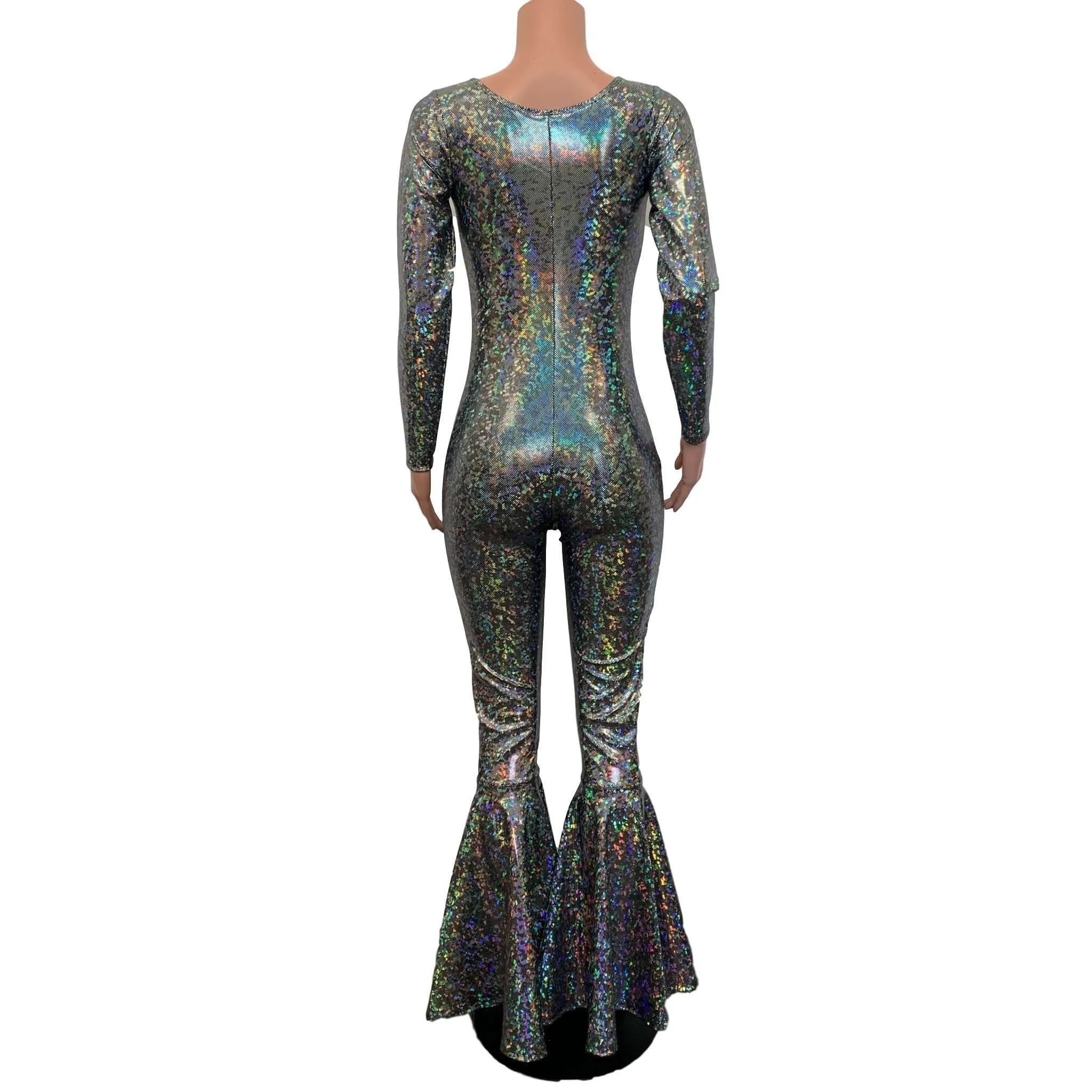 Bell Bottom Catsuit in Silver on Black Shattered Glass Holographic