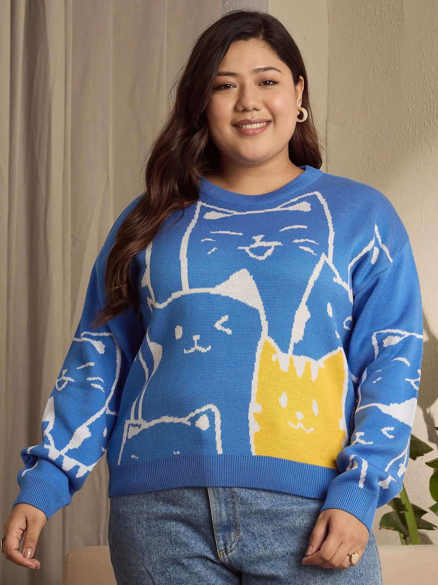 Berrylush Curve Women Blue, White, & Yellow Cat Printed Round Neck Drop-Shoulder Sleeves Ribbed Hem Regular Sweater