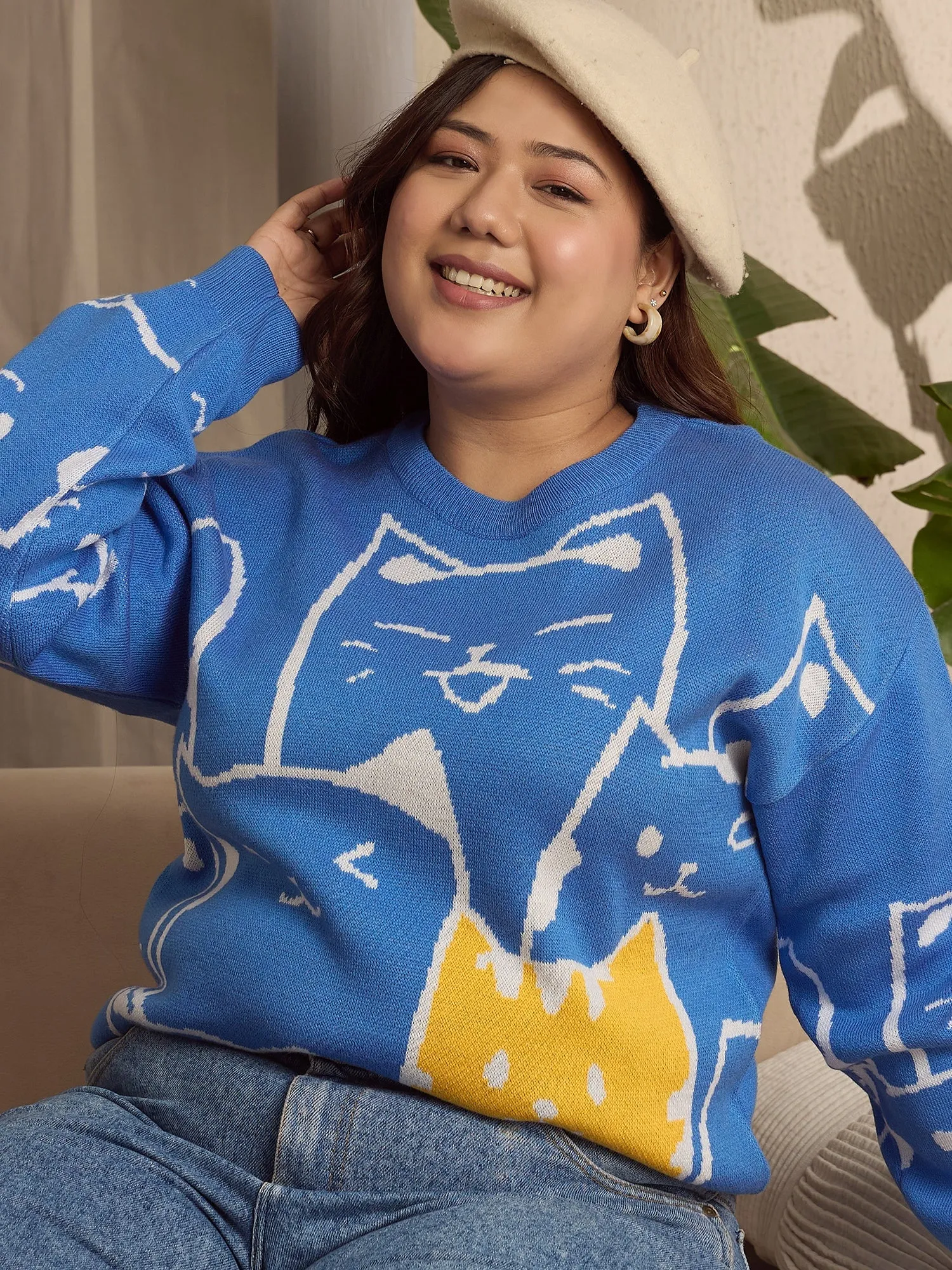 Berrylush Curve Women Blue, White, & Yellow Cat Printed Round Neck Drop-Shoulder Sleeves Ribbed Hem Regular Sweater