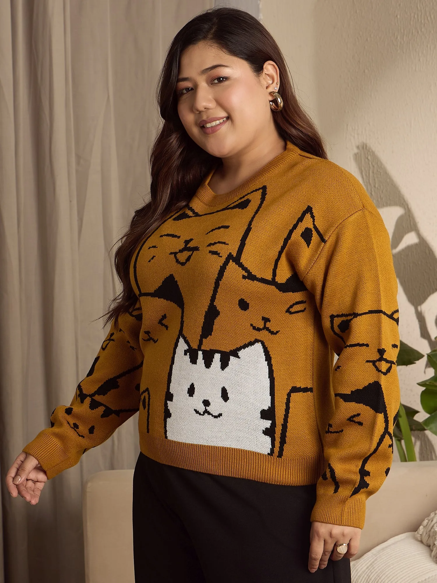 Berrylush Curve Women Mustard, Black, & White Cat Printed Round Neck Drop-Shoulder Sleeves Ribbed Hem Regular Sweater