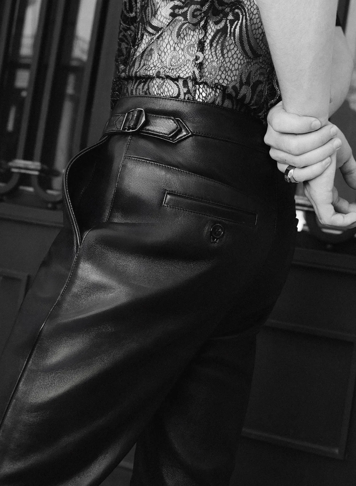 Black Leather Side Buckle Flared Trousers