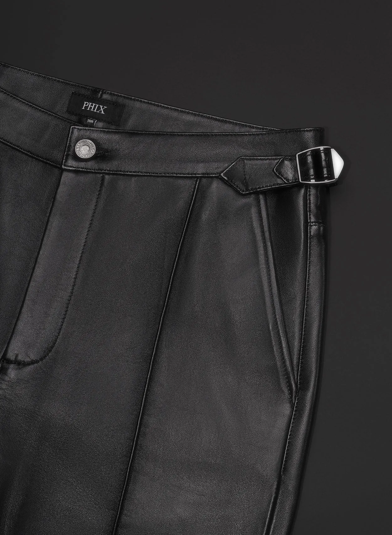 Black Leather Side Buckle Flared Trousers