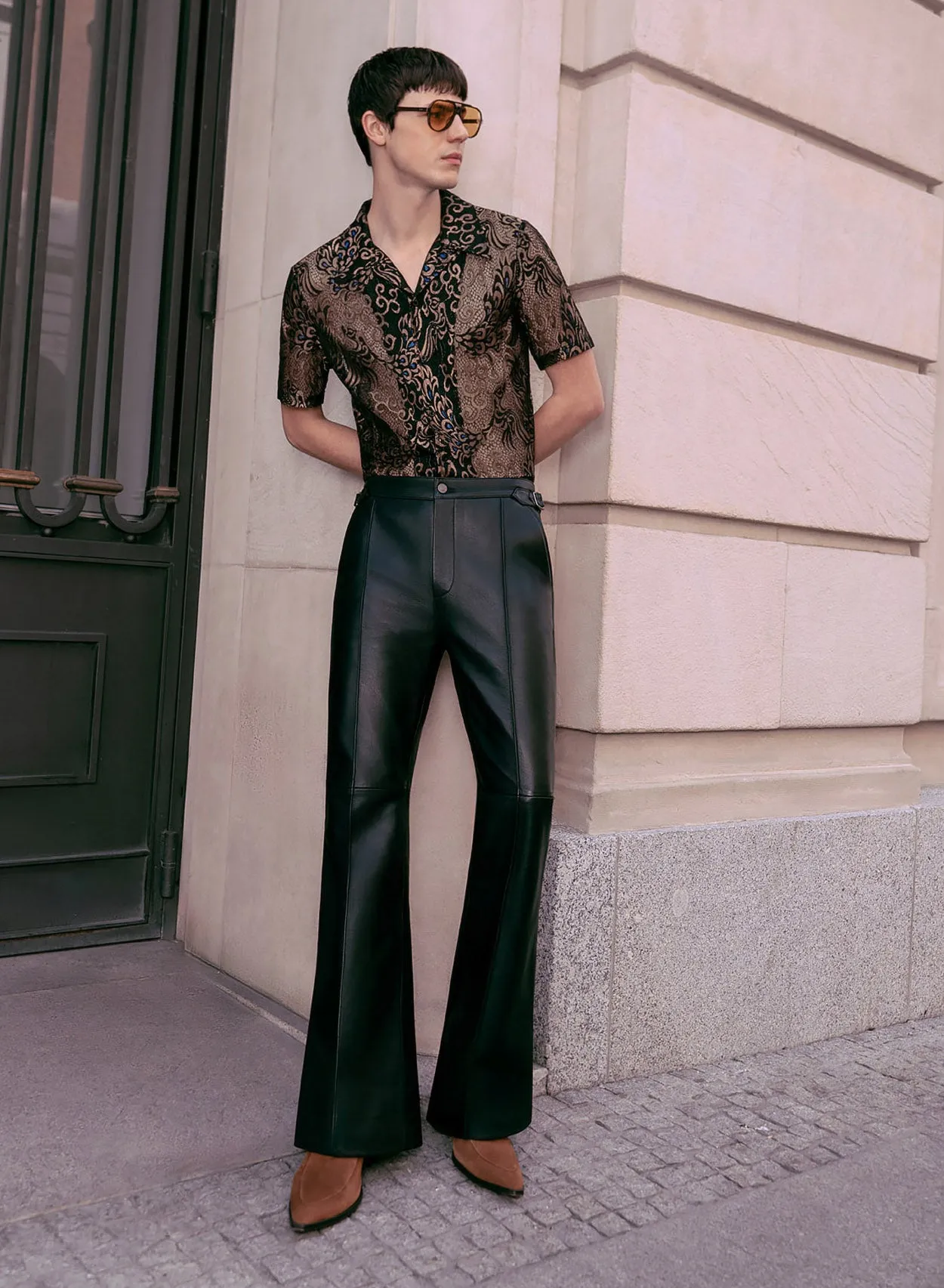 Black Leather Side Buckle Flared Trousers