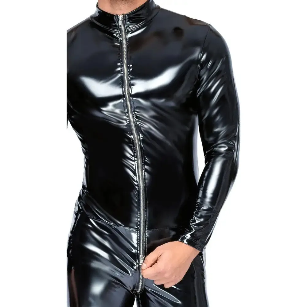 Black Level Wet Look Stretchy Vinyl Jumpsuit with Zip