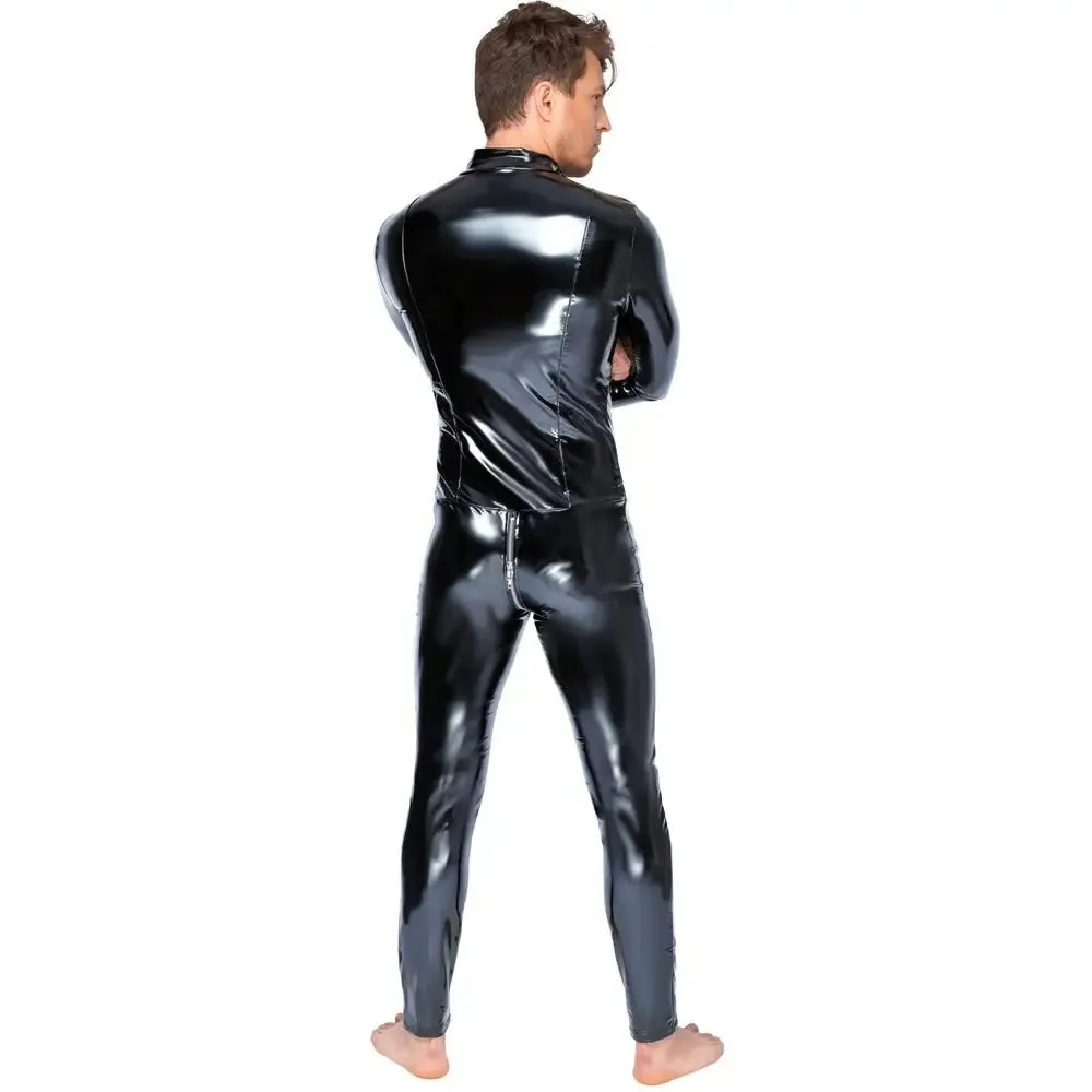 Black Level Wet Look Stretchy Vinyl Jumpsuit with Zip