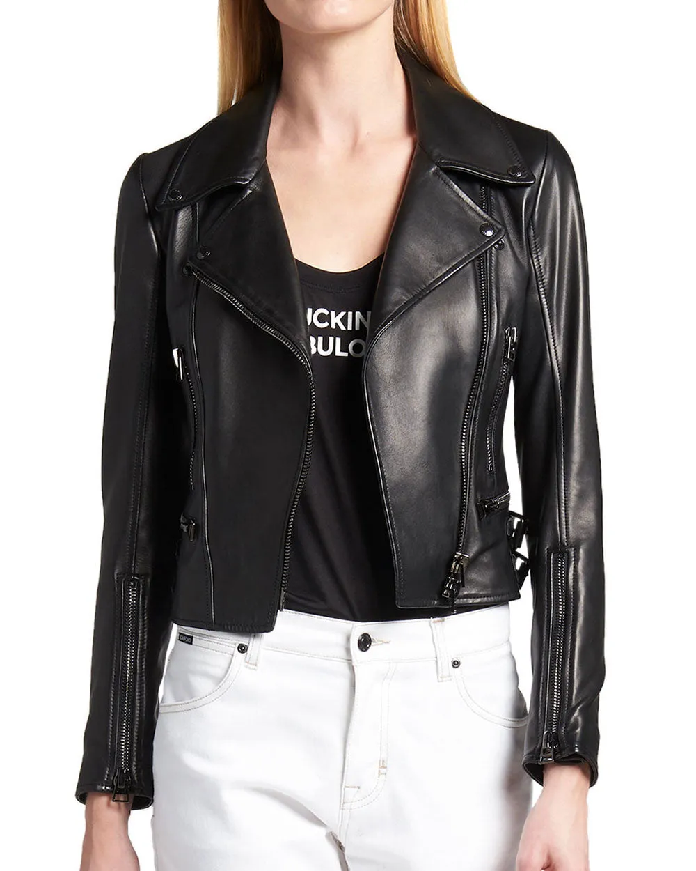 Black Plunge Leather Biker Jacket