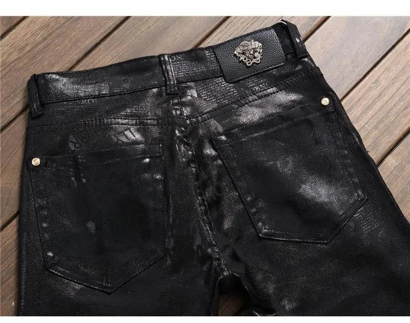 Black PU leather Slim Fit Denim Jeans