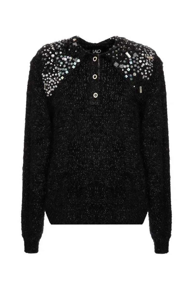 BLACK WOOL-BLEND SWEATER WITH COLLAR DETAILING