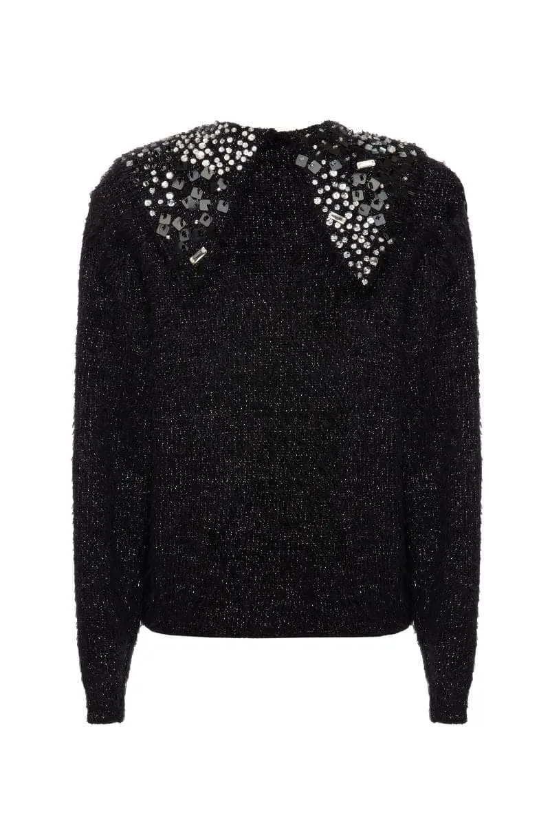 BLACK WOOL-BLEND SWEATER WITH COLLAR DETAILING