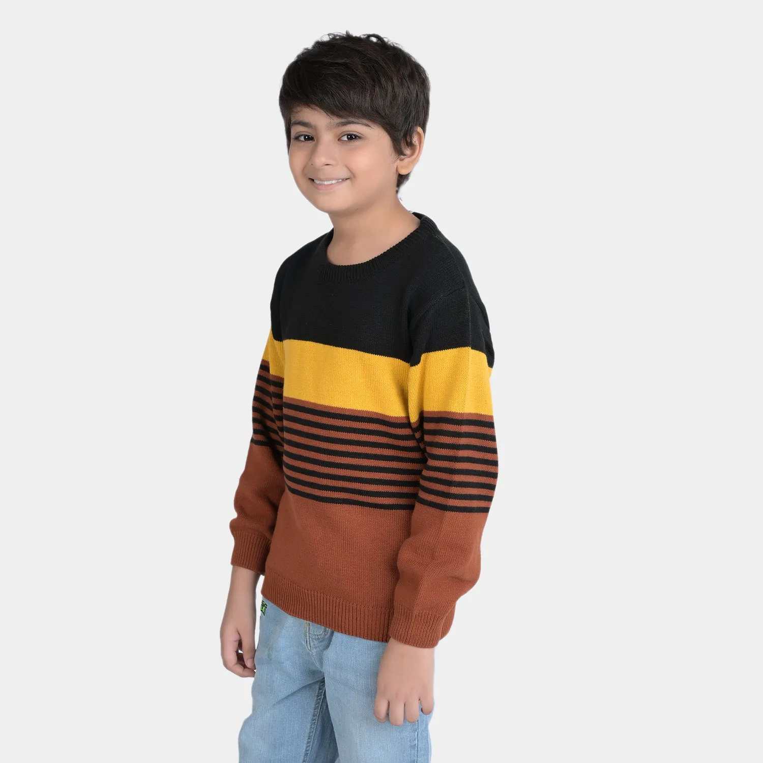 Boys Acrylic Full Sleeves Sweater Striper-Rust/Yellow