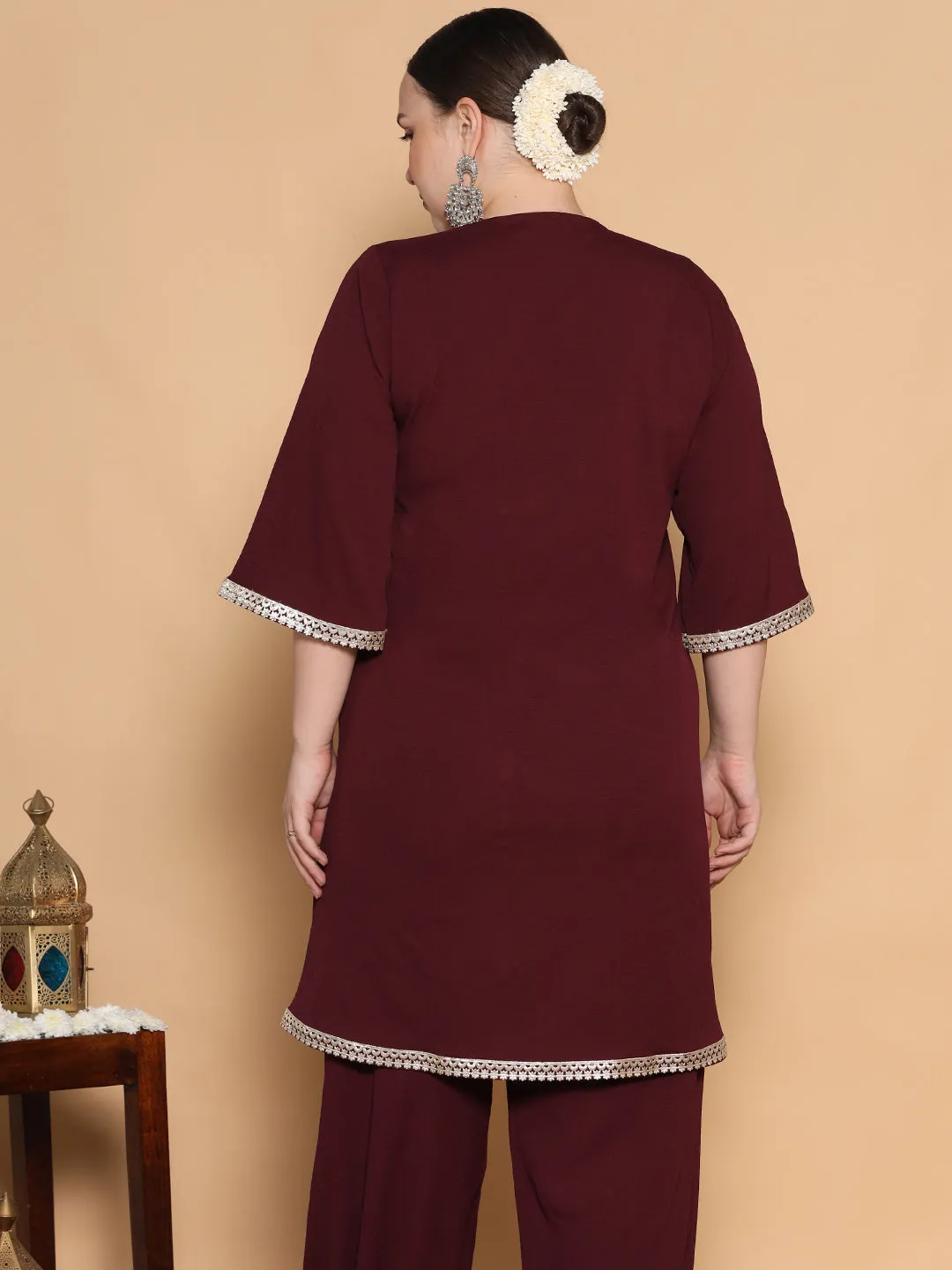 Burgundy Textured Short Kurti - Embellished