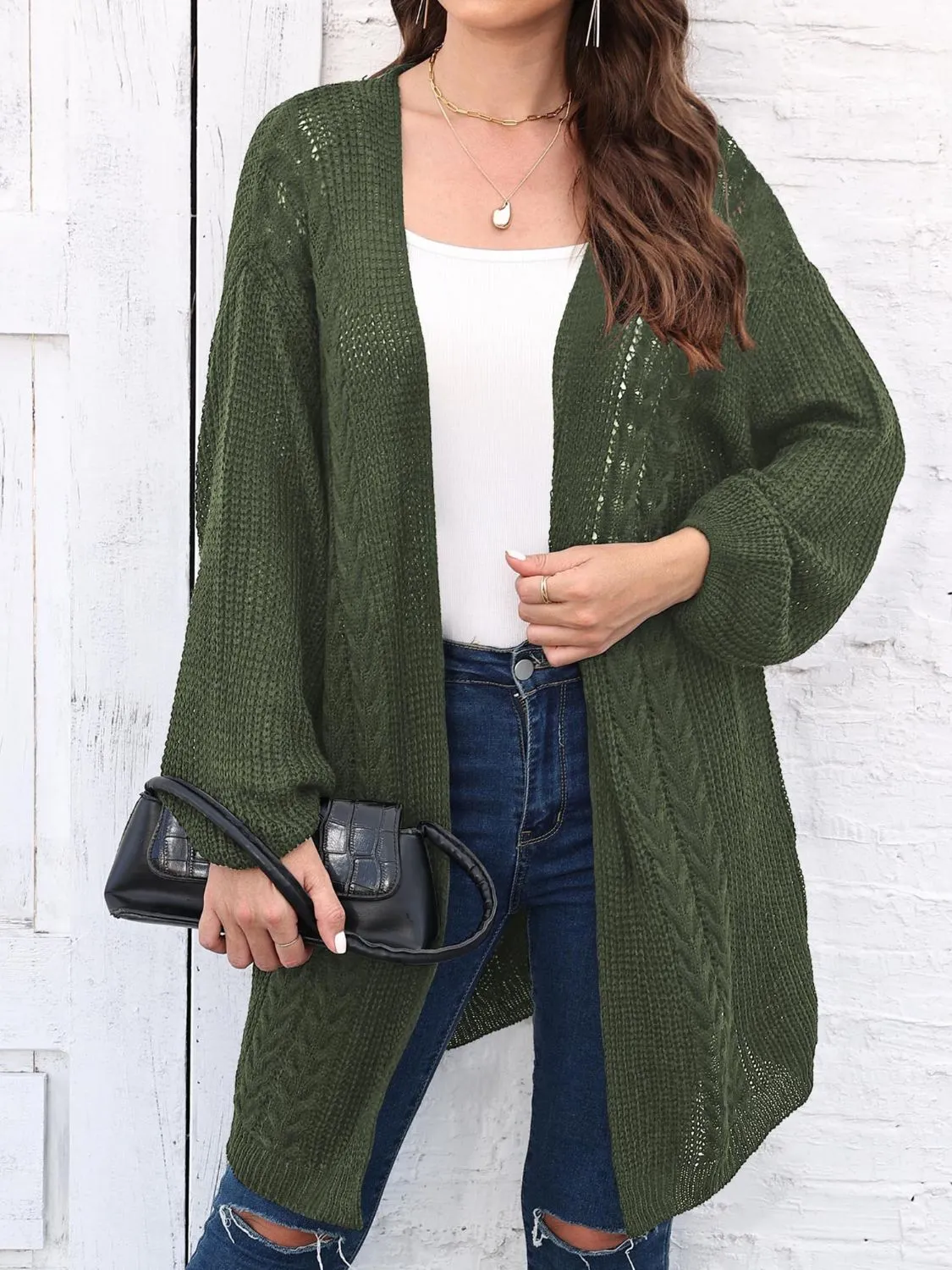 Cable-Knit Open Front Long Sleeve Cardigan