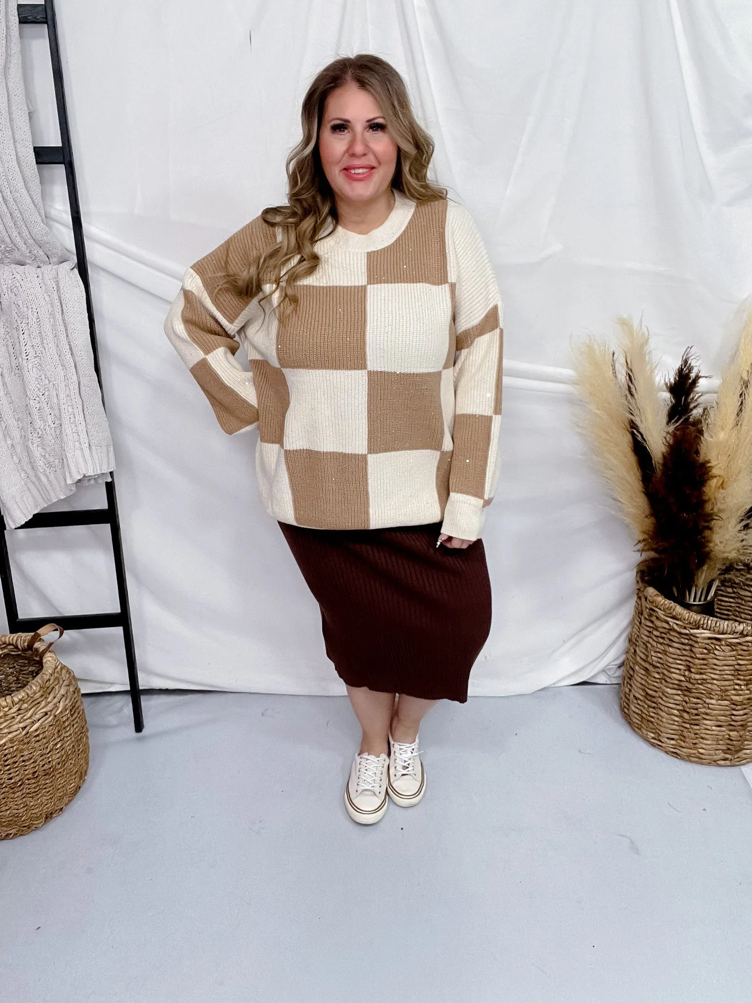 Cream and Tan Checkered Sweater with Sequin Detail