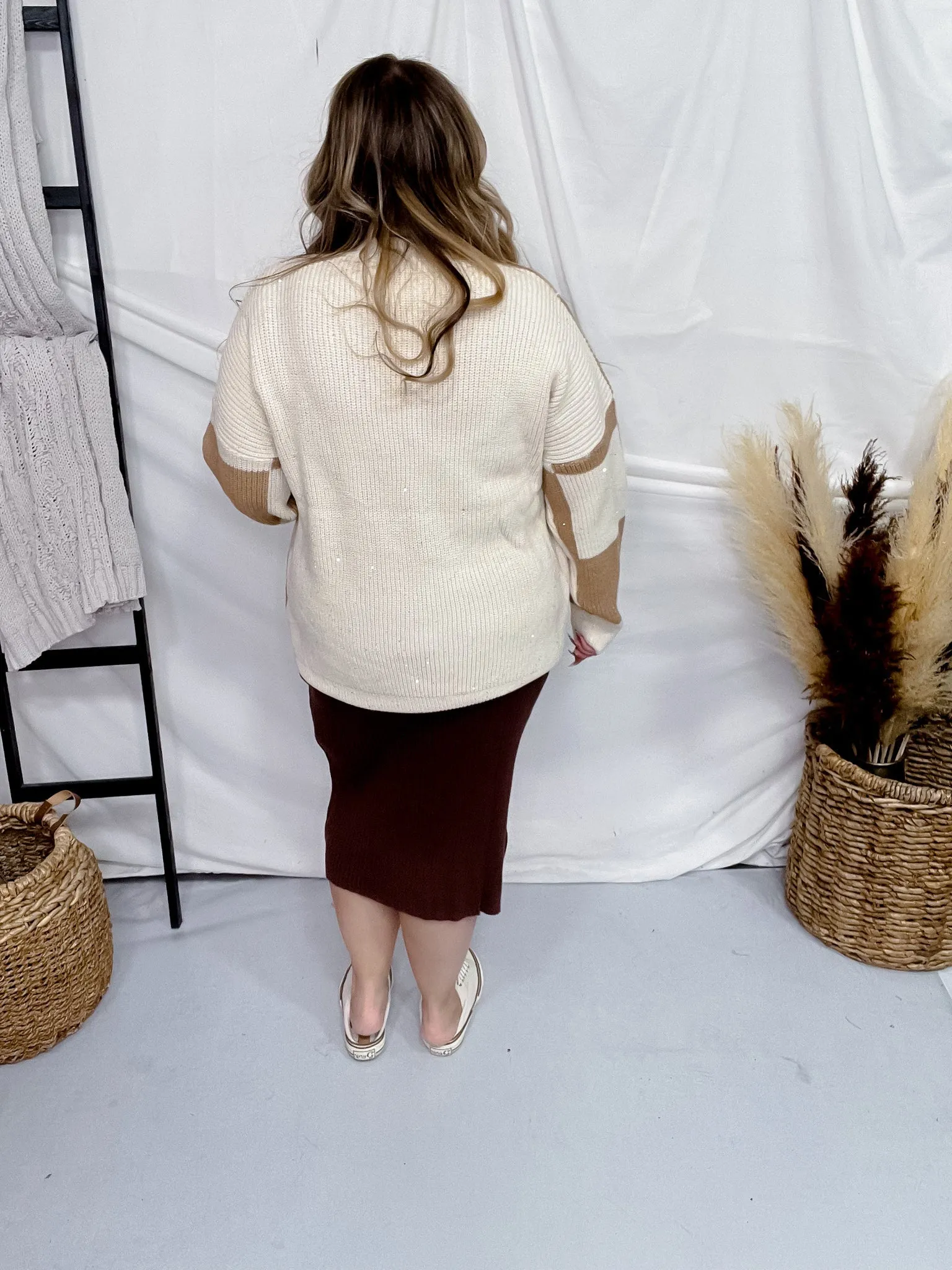 Cream and Tan Checkered Sweater with Sequin Detail