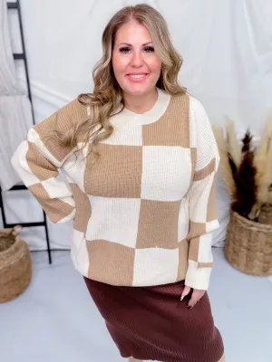 Cream and Tan Checkered Sweater with Sequin Detail