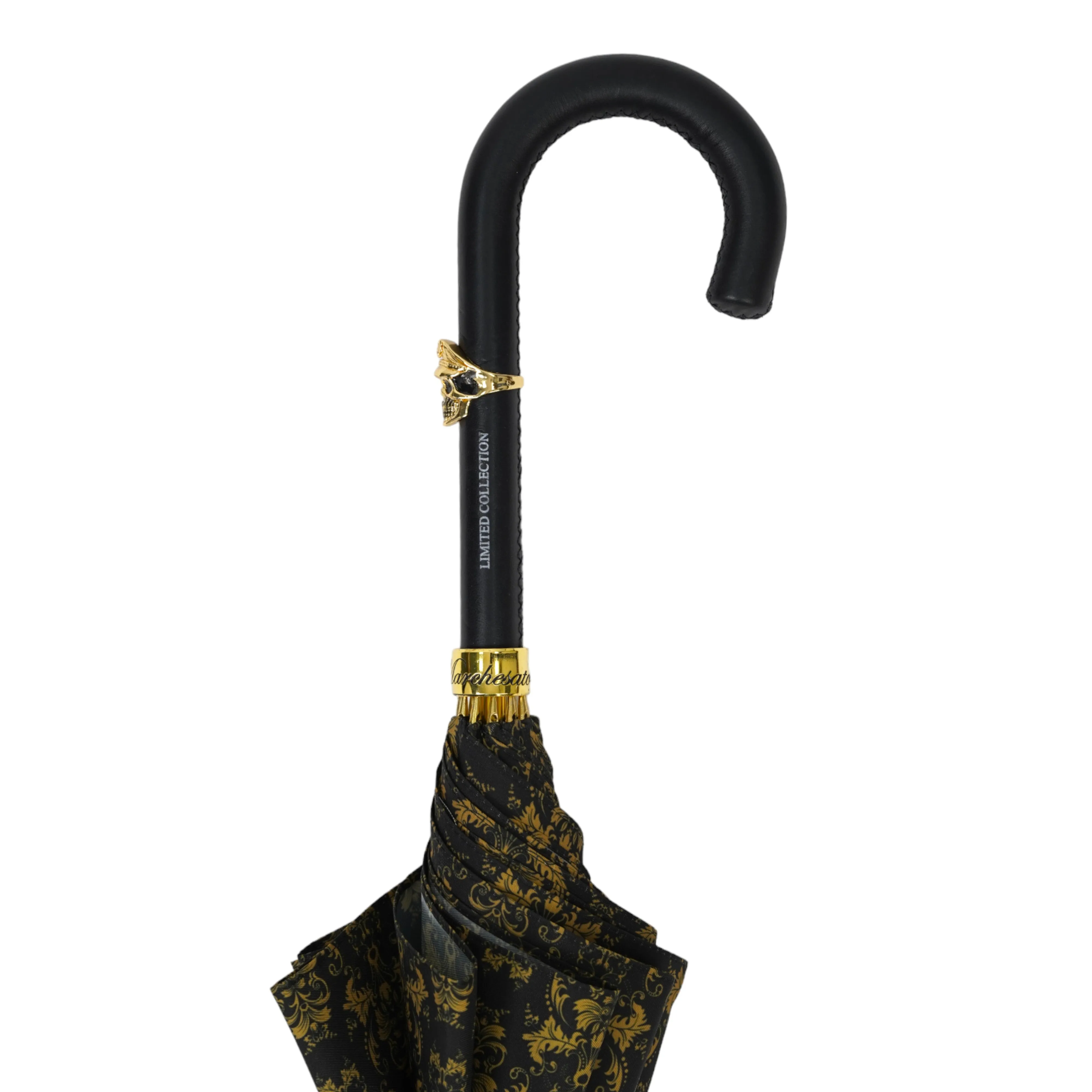 Elegant Umbrella with Leather Handle, Gold Skull, and Ornate Black and Gold Damask Design