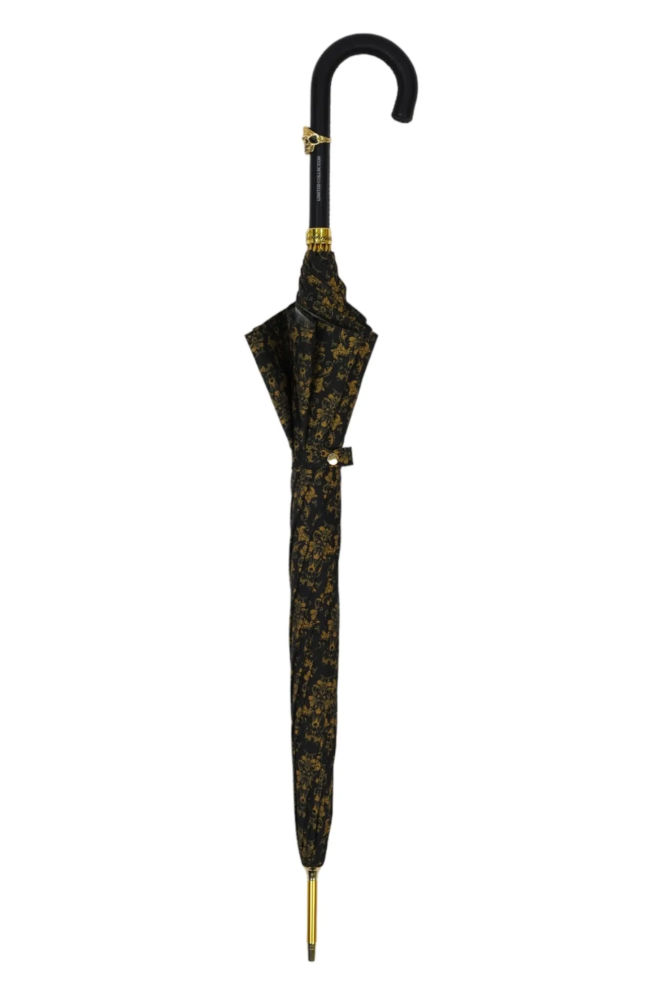 Elegant Umbrella with Leather Handle, Gold Skull, and Ornate Black and Gold Damask Design