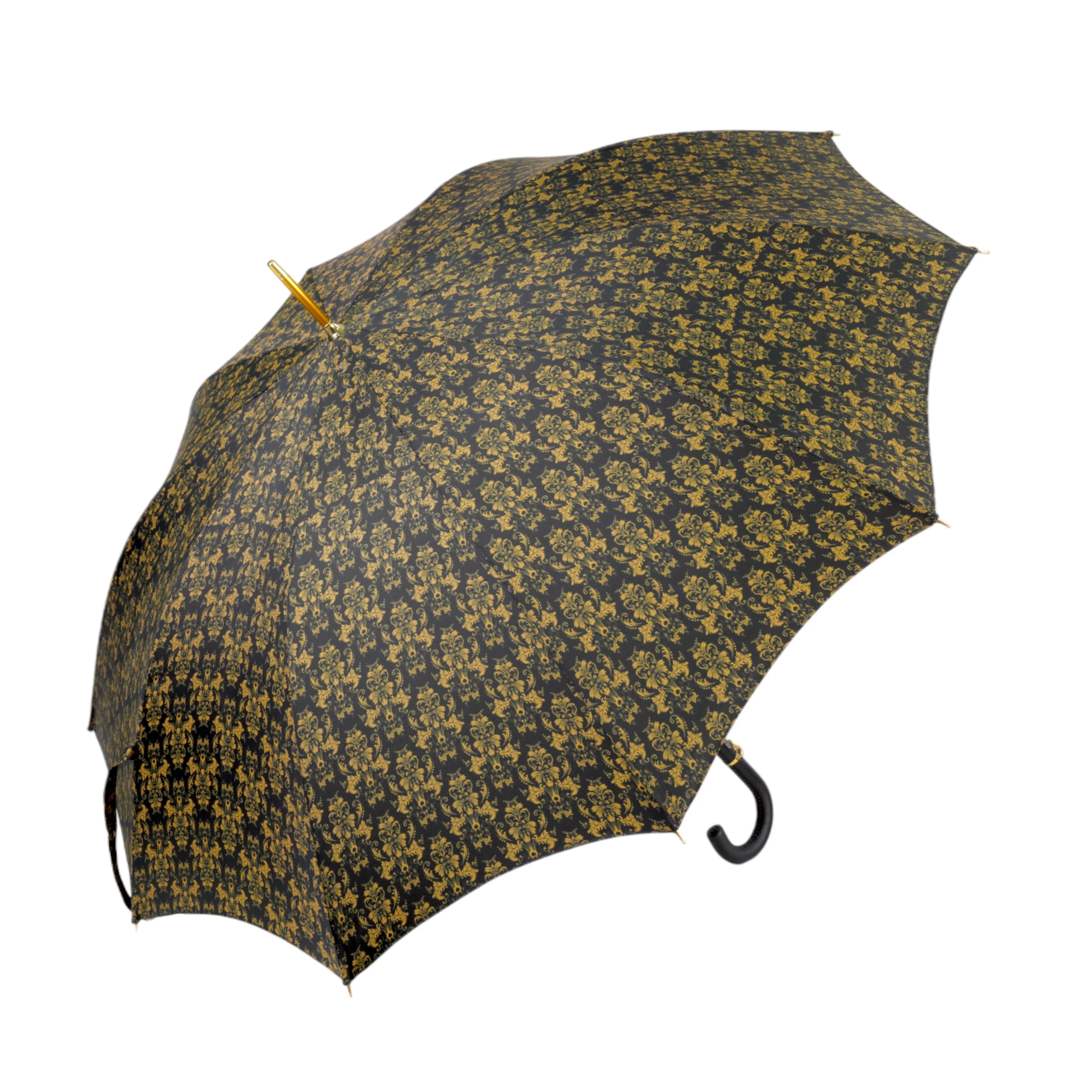 Elegant Umbrella with Leather Handle, Gold Skull, and Ornate Black and Gold Damask Design