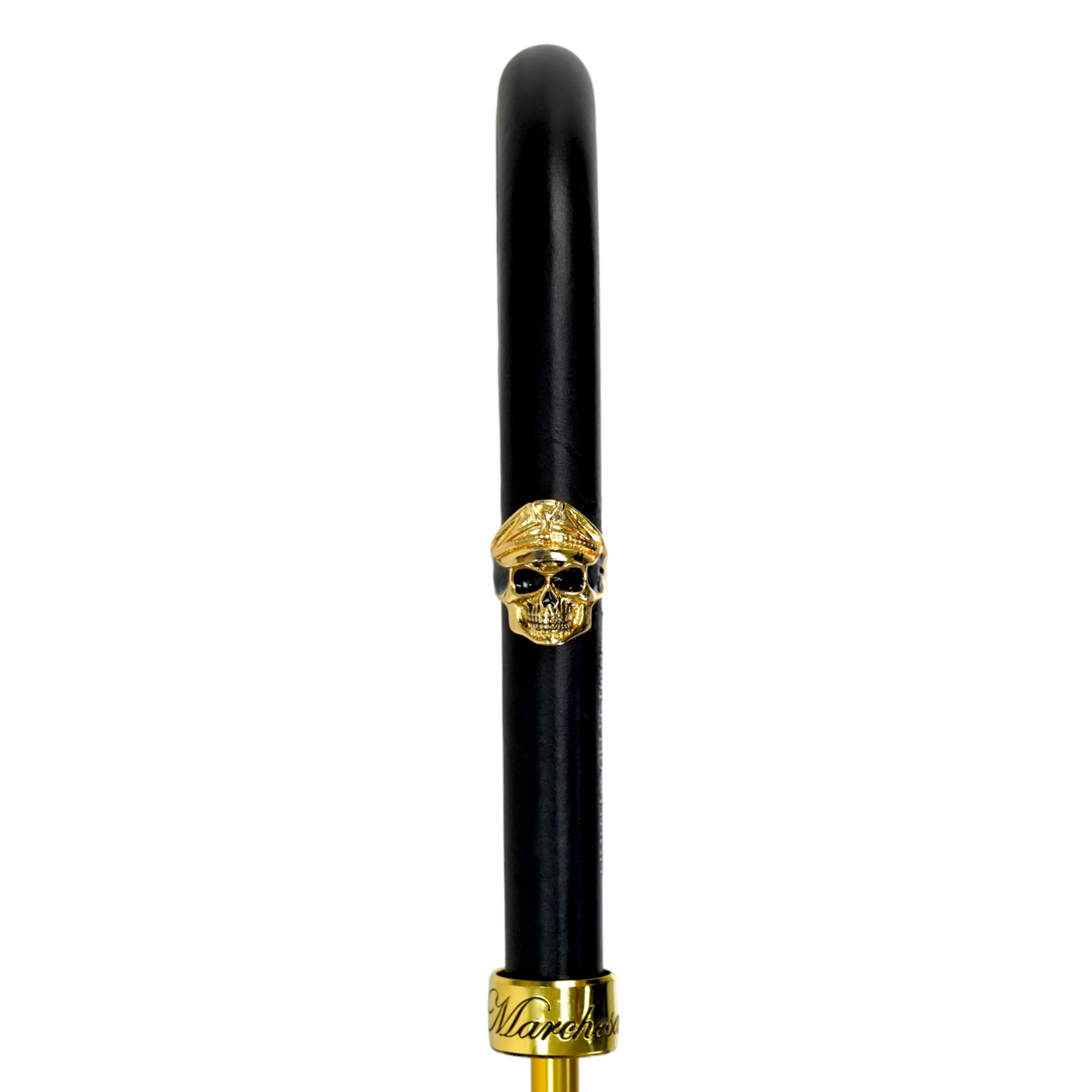 Elegant Umbrella with Leather Handle, Gold Skull, and Ornate Black and Gold Damask Design