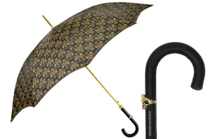 Elegant Umbrella with Leather Handle, Gold Skull, and Ornate Black and Gold Damask Design