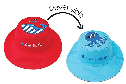 FlapJack Kids UPF50  Reversible Sun Hat -  Whale / Octopus