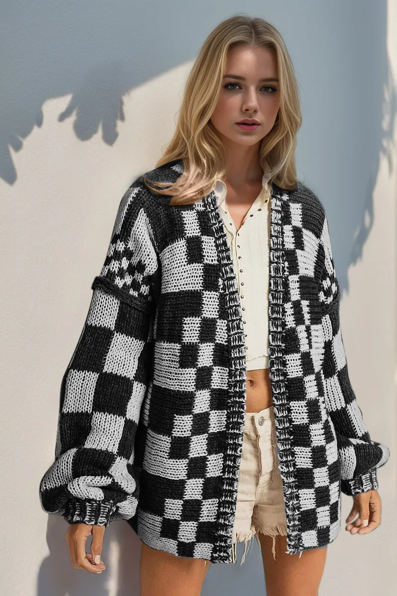 Full Size Open Front Checkered Drop Shoulder Cardigan