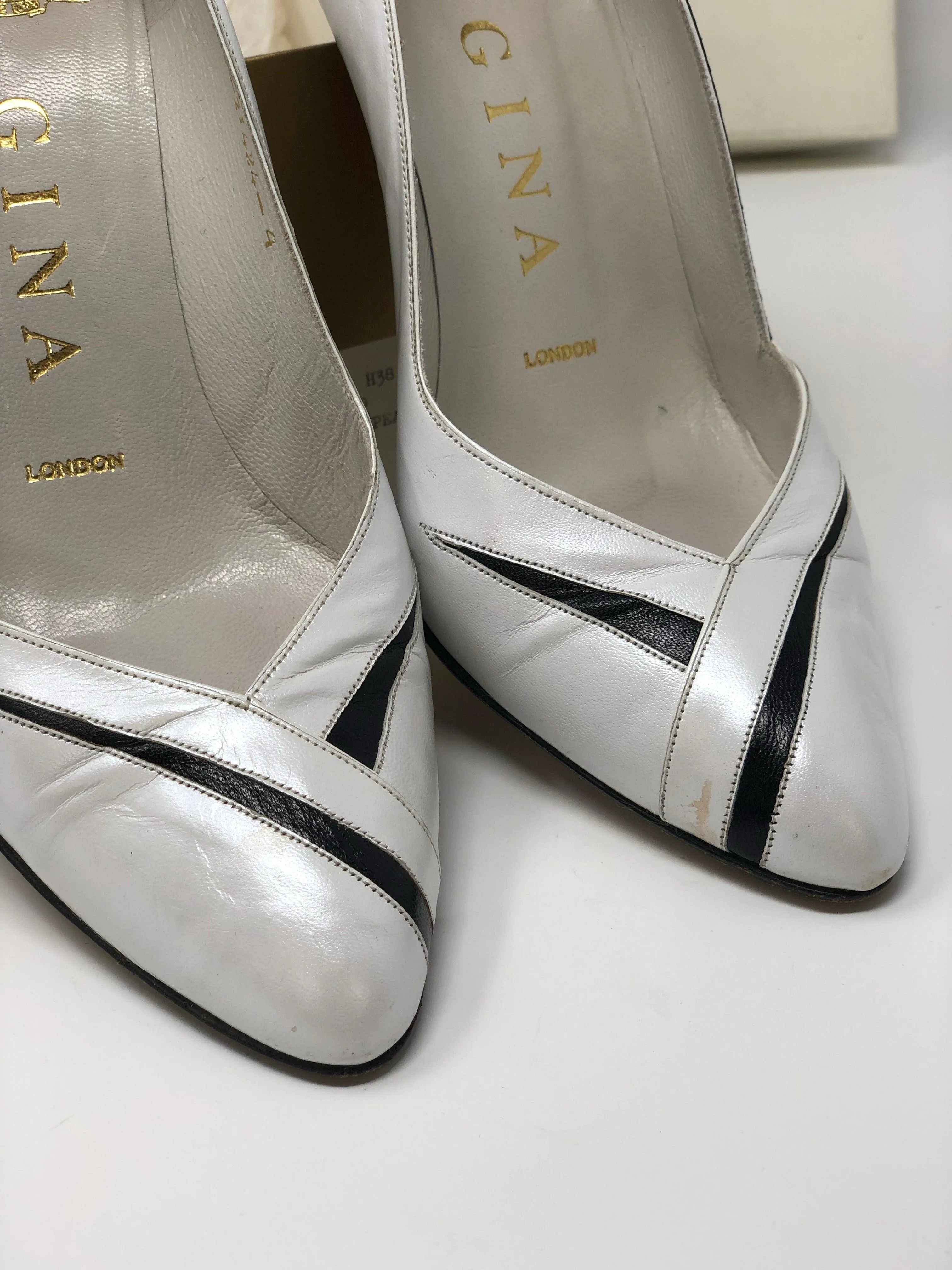 Gina Vintage Shoes White Pearl and Black Leather Heels UK4