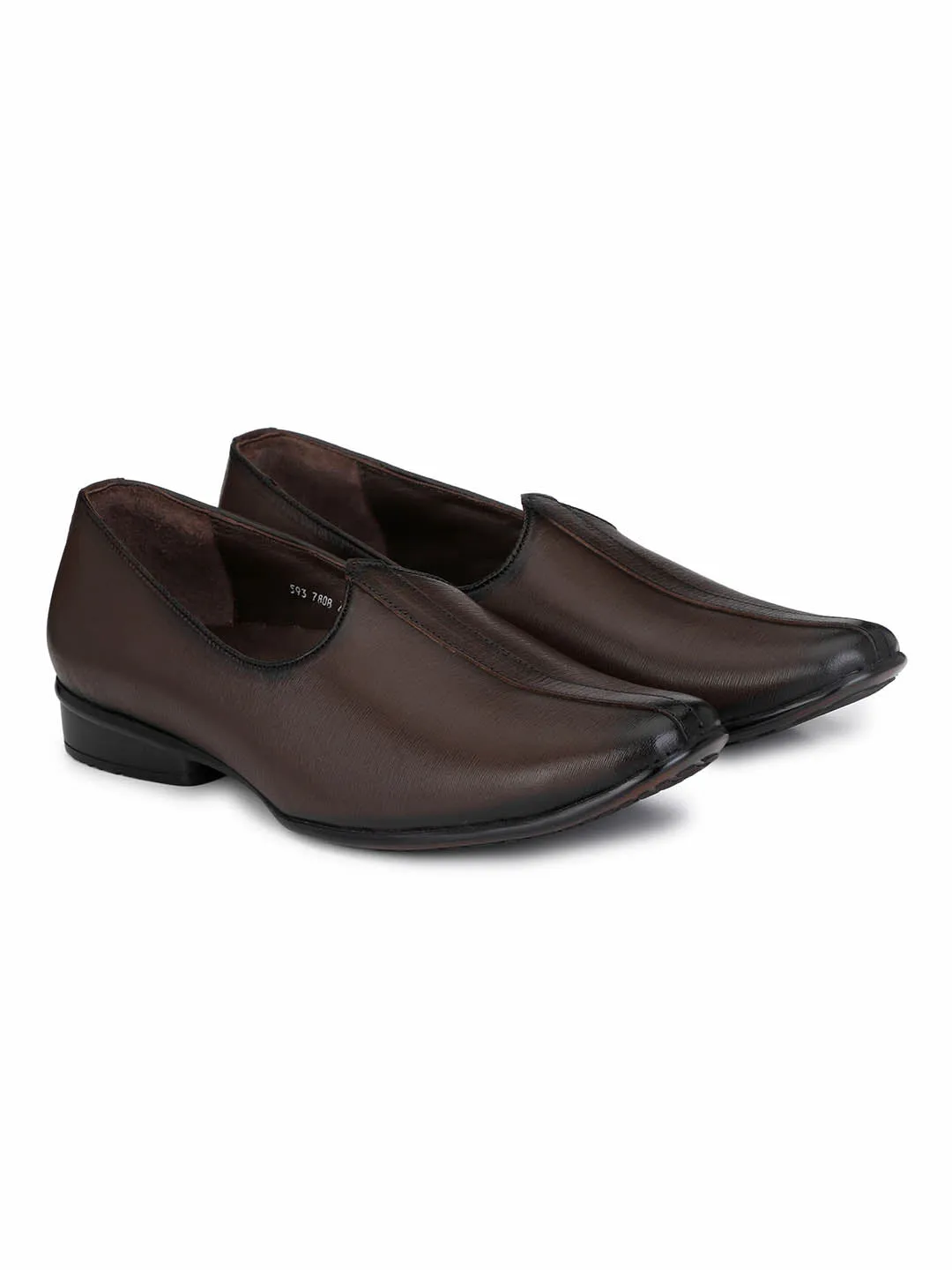 Hitz Men's Brown Leather Slip-On Ethnic Shoes