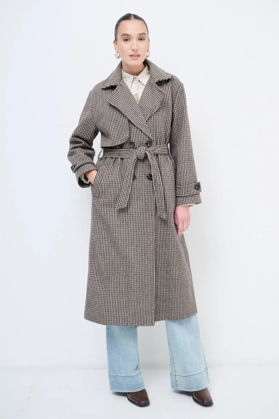 Houndstooth trench coat with belted waist wholesale