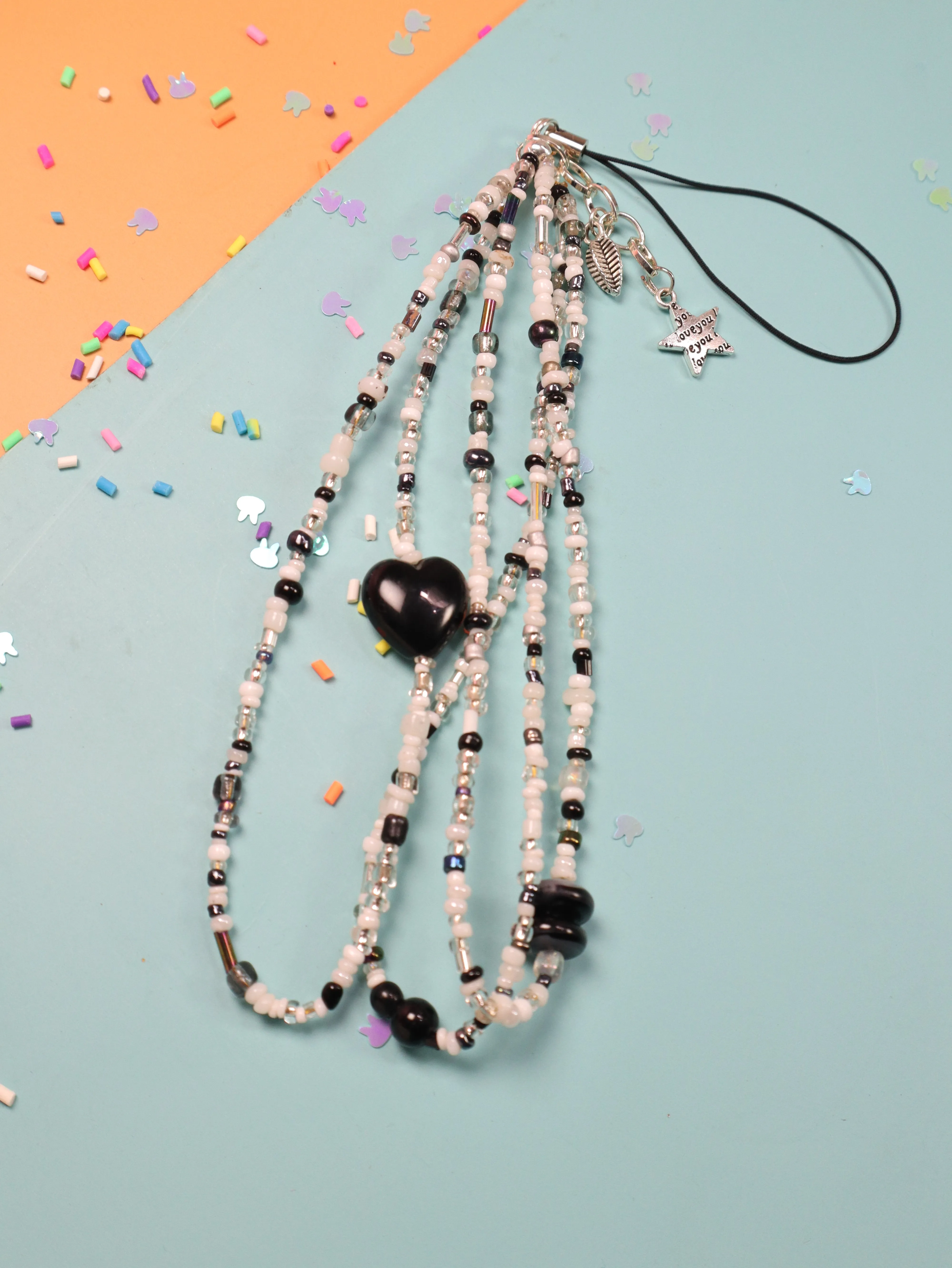 Kamule Crystal, White & Black Seed Beads Heart Phone Charm