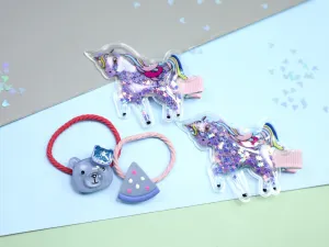 Kamule Unicorn and Mix Character Detailed Clip and Rubber Band Set of 4- Purple