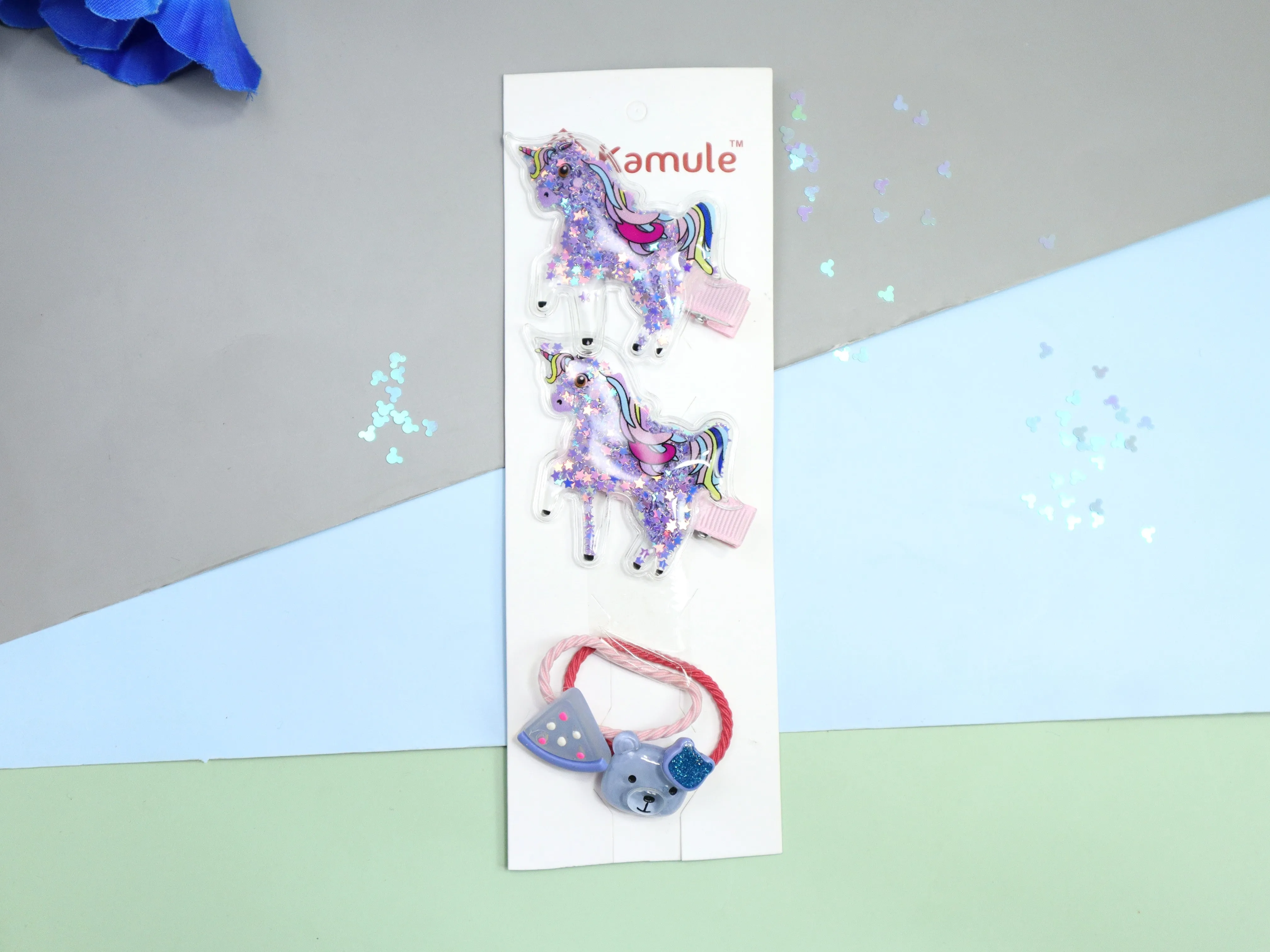 Kamule Unicorn and Mix Character Detailed Clip and Rubber Band Set of 4- Purple