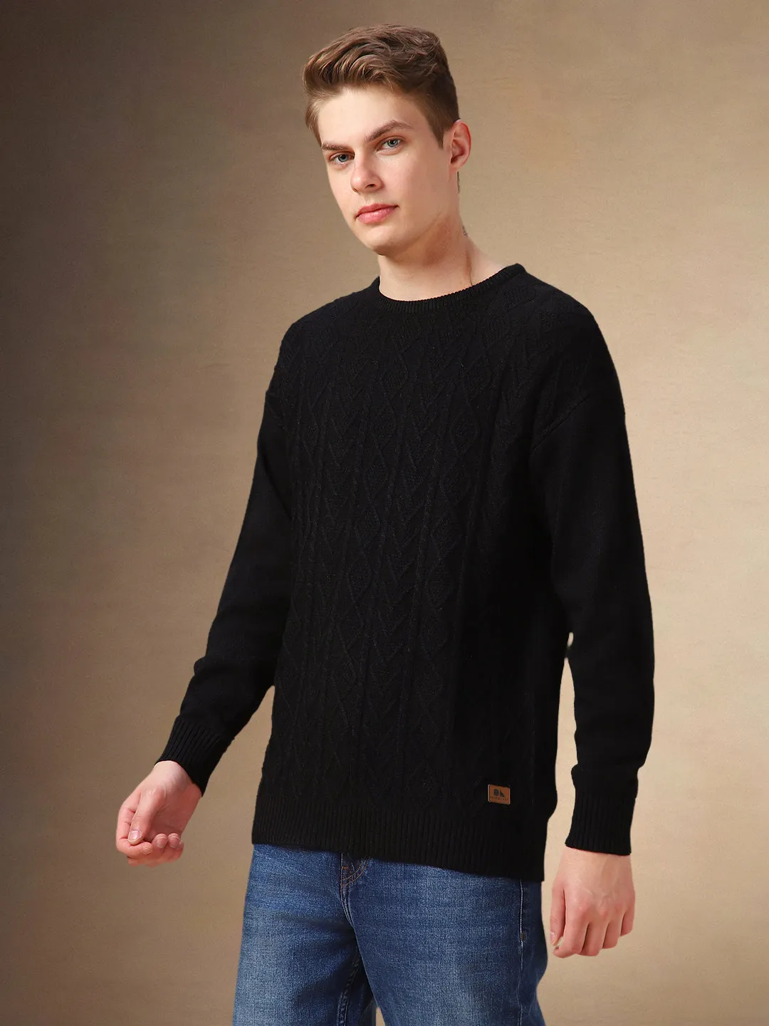 Men's Black solid Crew Neck Full Sleeves Sweater