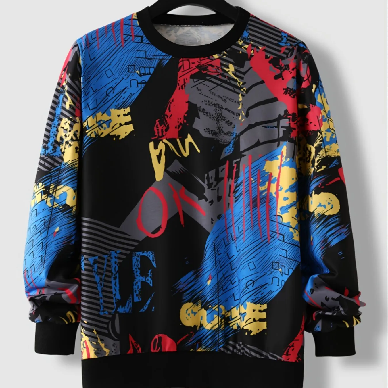 Men's Graffiti Print Versatile Casual Crew Neck Pullover Long Sleeve Sweatshirt