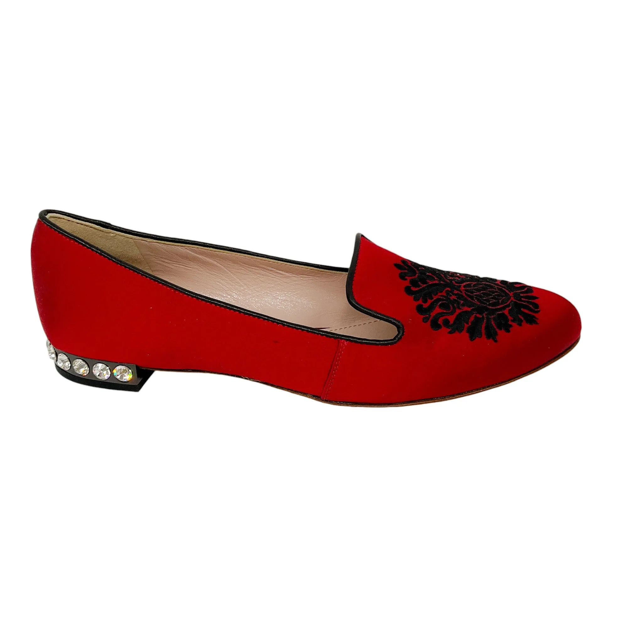 Miu Miu Red / Black Embroidered Crystal Embellished Satin Loafers