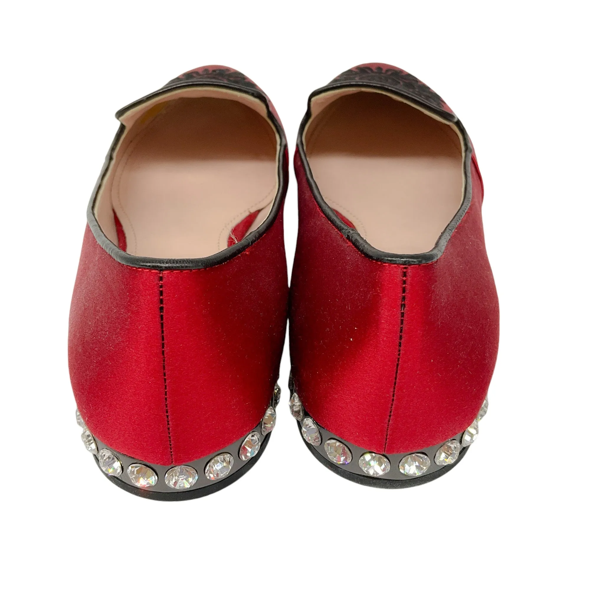 Miu Miu Red / Black Embroidered Crystal Embellished Satin Loafers