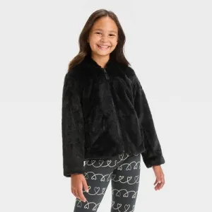 New - Girls' Faux Fur Zip-Up Jacket - Cat & Jack Black M