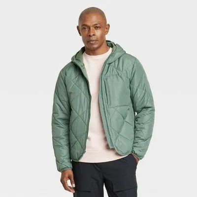 Open Box - All In Motion Men's Zip-Up Winter Hooded Wind-Resistant Quilted Jacket Packable