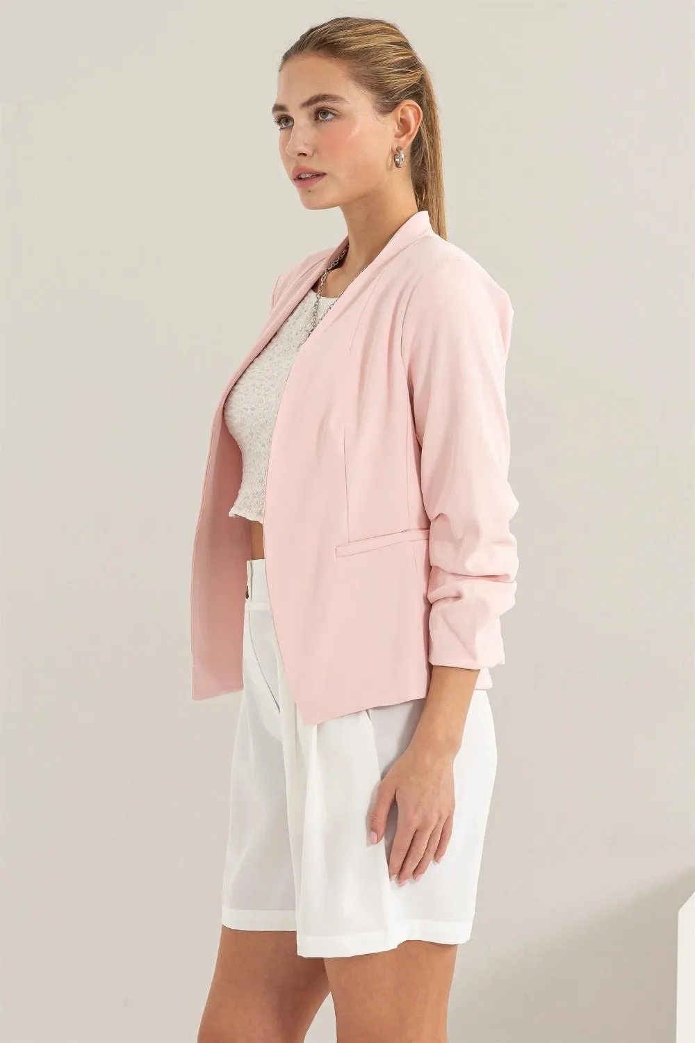 Open Front Ruched Sleeve Blazer