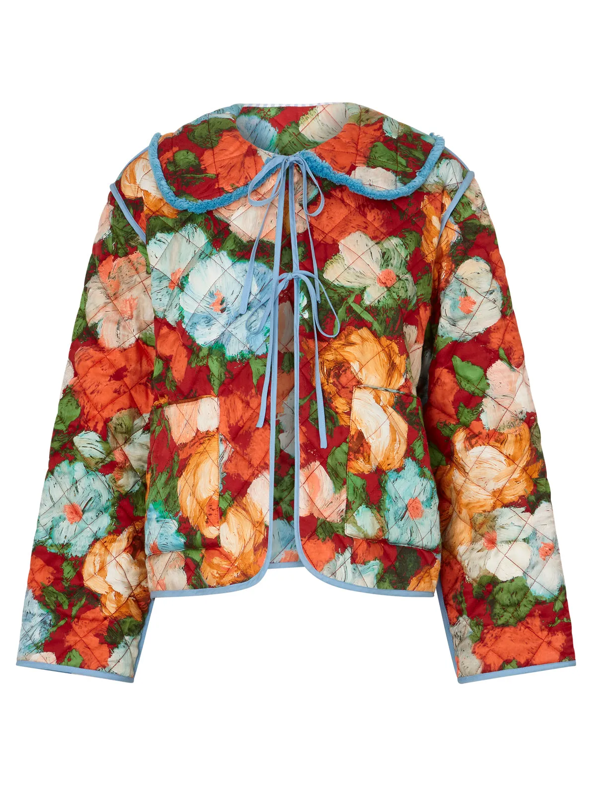 Piper Blue Impressionist Floral Print Reversible Quilted Jacket