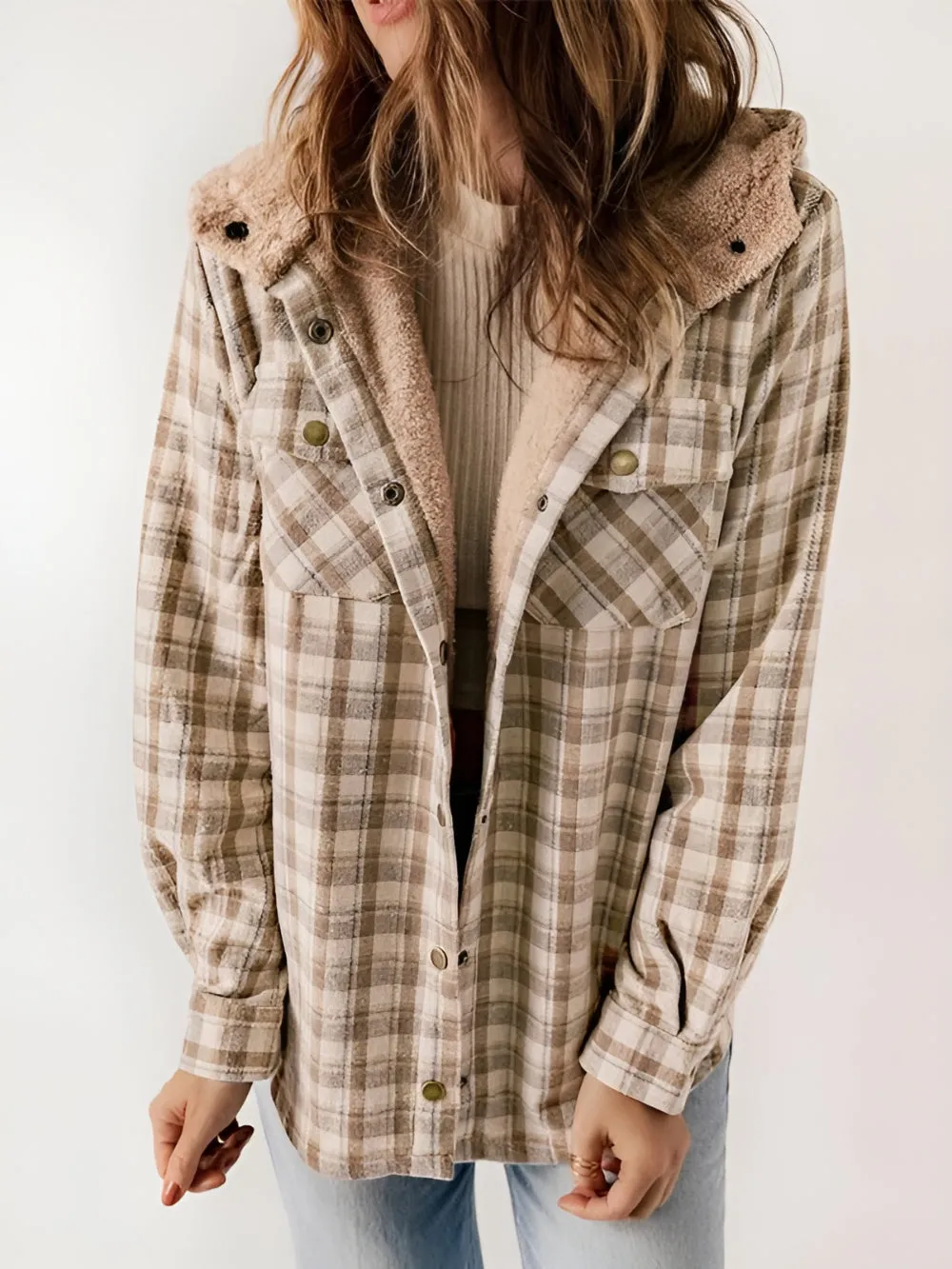 Plaid Fleece Lined Button Up Jacket